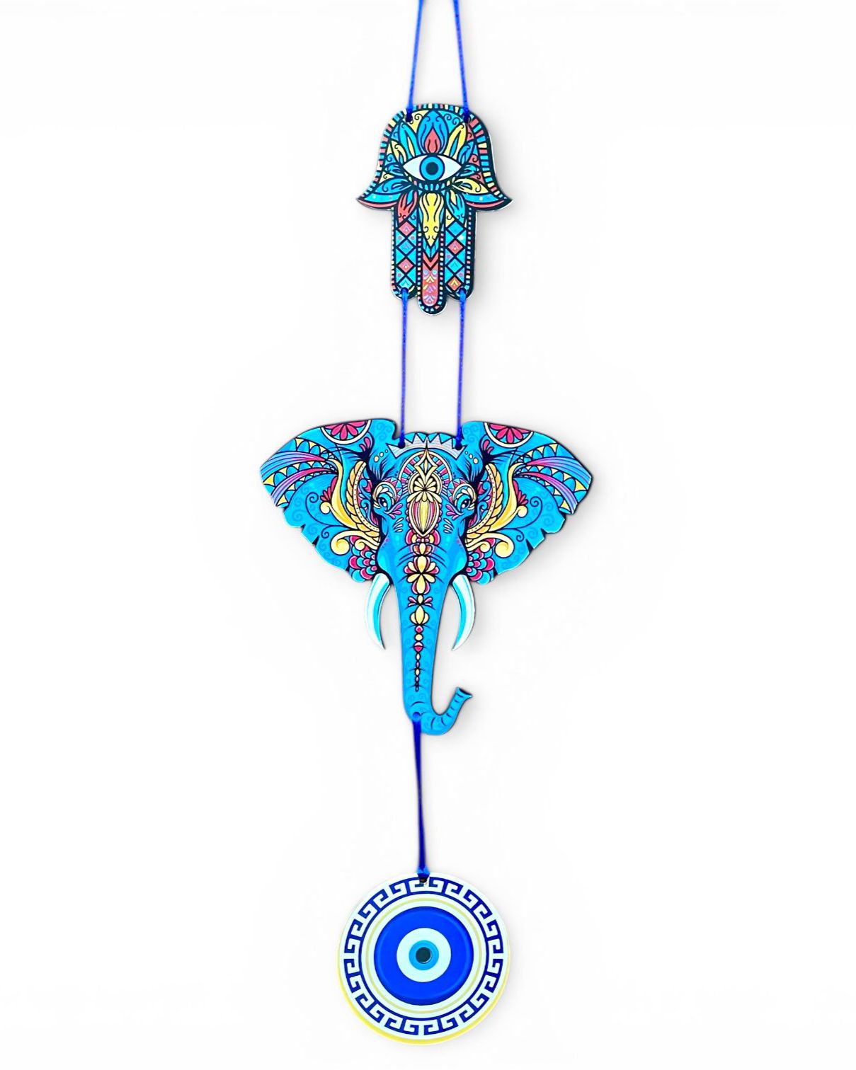 Elephant Design Evil Eye Wooden Wall Hanging