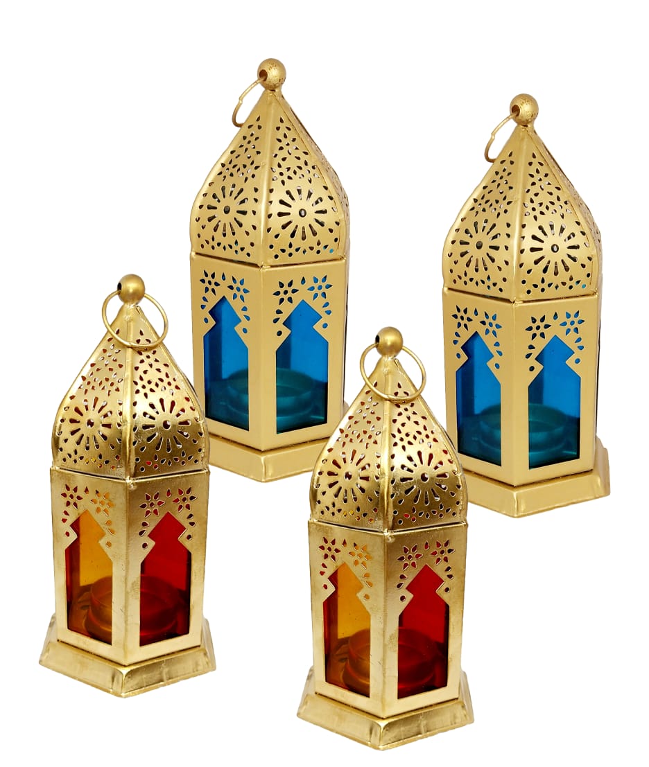 Metal Mandir Lantern With Multicolour Windows