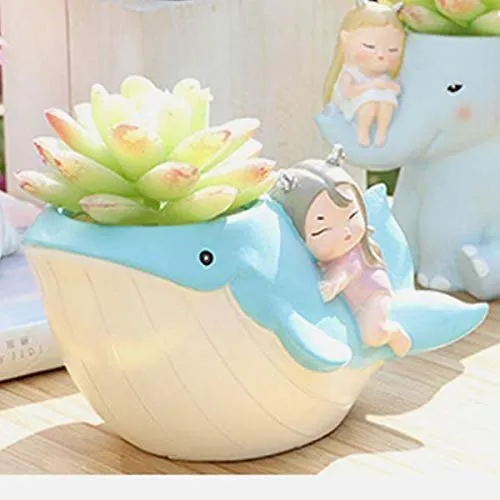 Handcrafted Dolphin  With Sleeping Girl Shaped Resin  Flower Planter/Flower Pot For Table Top Decorative Gar  dening Pot for Living Room, Home & Office Decor
