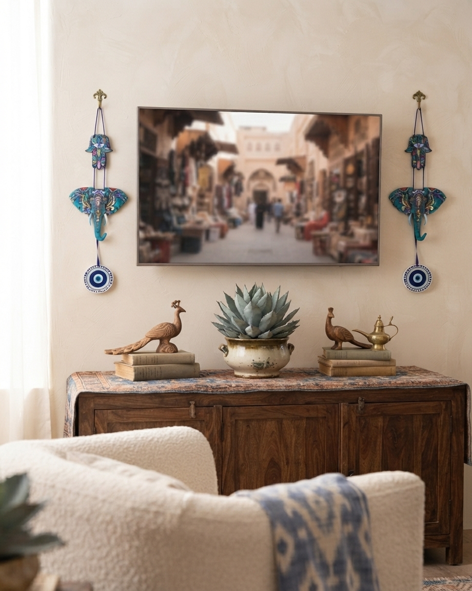Elephant Design Evil Eye Wooden Wall Hanging