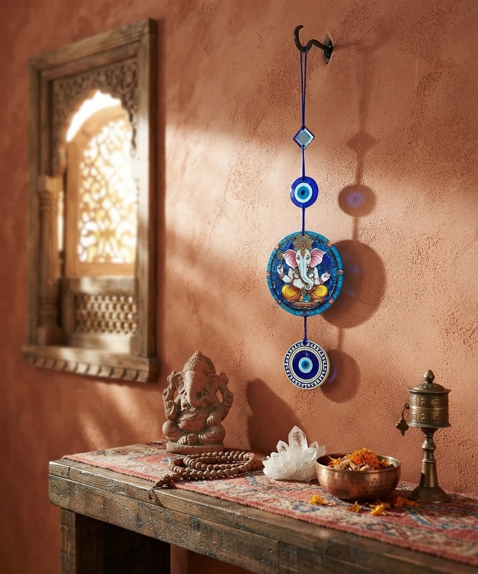 Ganesh Ji Design Evil Eye Wooden Wall Hanging