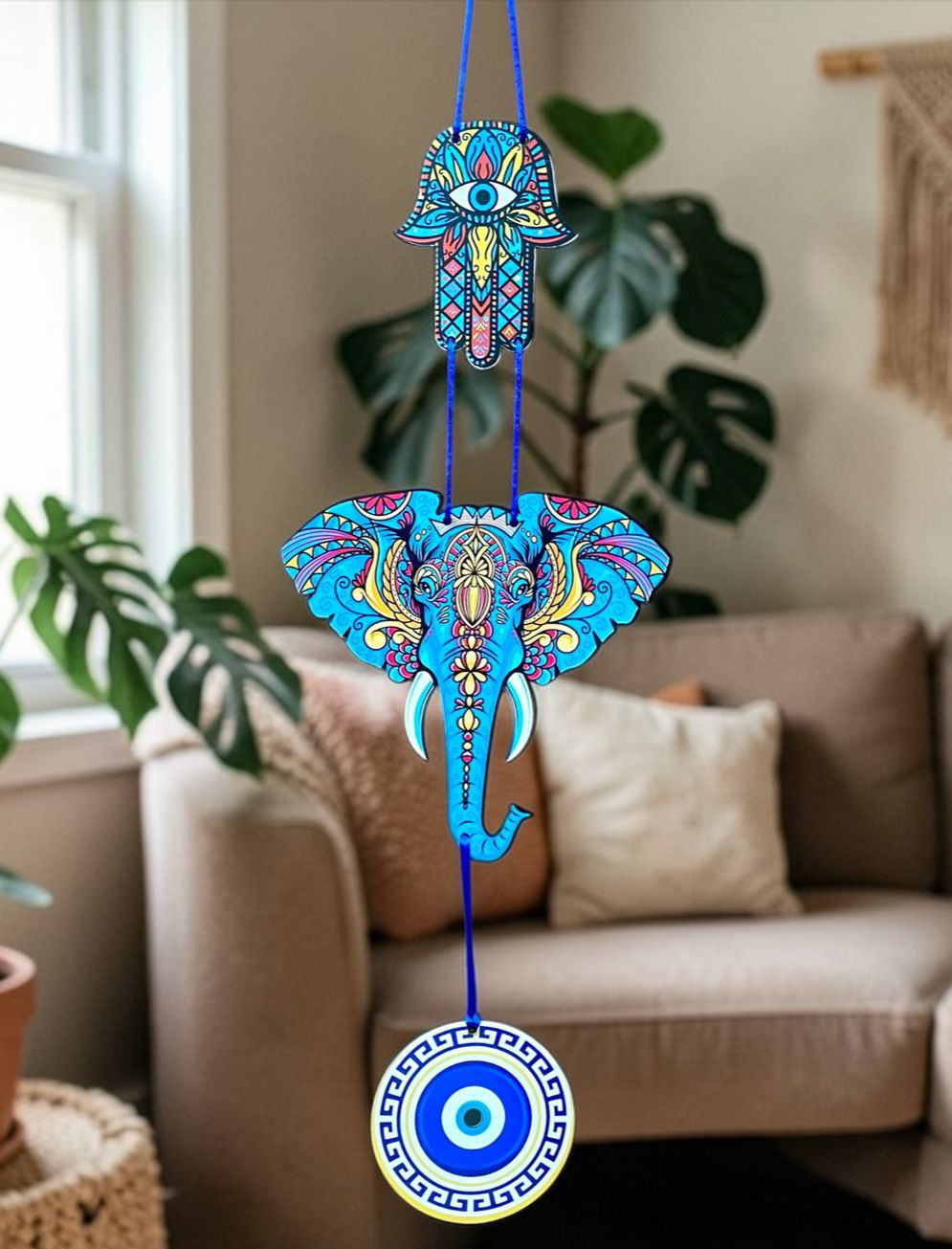 Elephant Design Evil Eye Wooden Wall Hanging