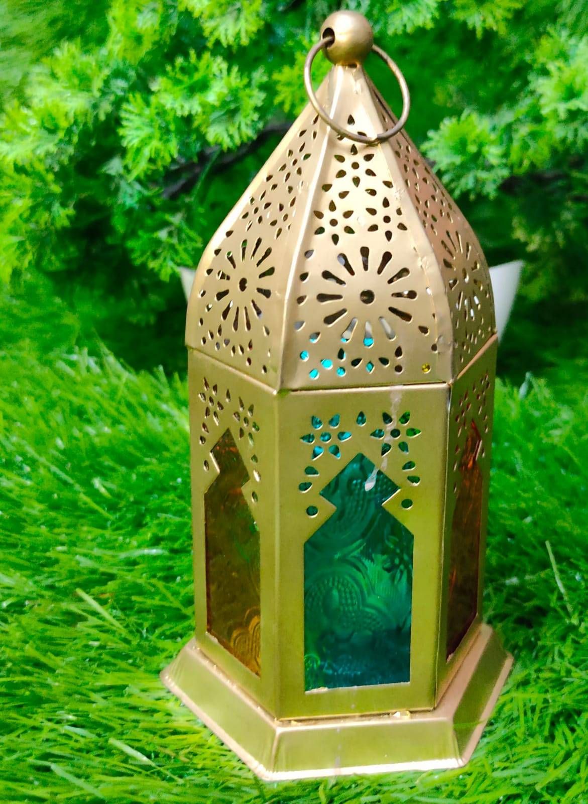 Metal Mandir Lantern With Multicolour Windows